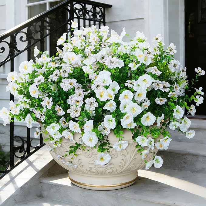 Hrobek Artificial Flowers for Outdoors Faux Plants Outside Indoor,Realistic UV Resistant Silk Fake Daisy Morning Glory for Home Patio Garden Back Yard Front Porch Decor Spring Summer(12 Bunches,White)
