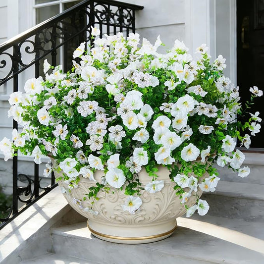 Hrobek Artificial Flowers for Outdoors Faux Plants Outside Indoor,Realistic UV Resistant Silk Fake Daisy Morning Glory for Home Patio Garden Back Yard Front Porch Decor Spring Summer(12 Bunches,White)