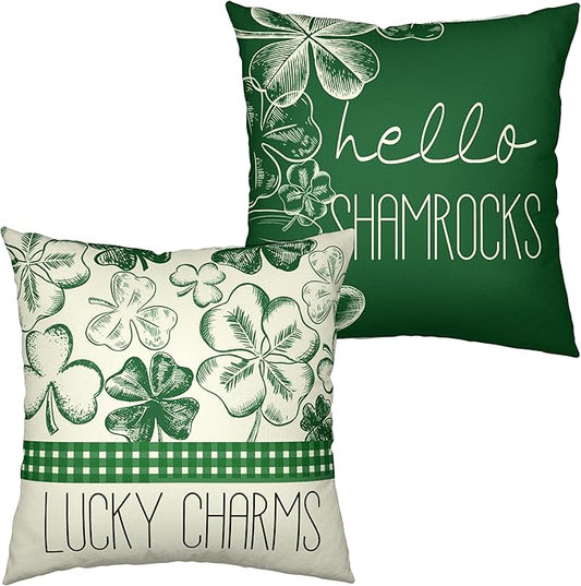 St Patricks Day Lucky Charm Pillow Covers Hello Shamrocks Hat Pillow Case 24x24 Green Clover Cotton Linen Cushion Case for Irish Party Decorations Couch Sofa 2 Pack