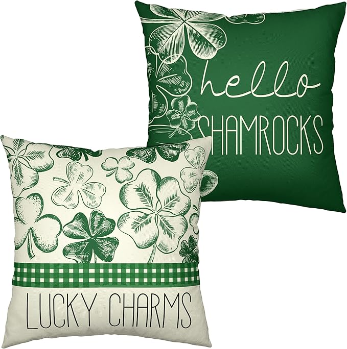 Set of 2 Saint Patrick's Day Pillow Covers Hello Shamrocks Lucky Charm Pillow Case 22x22 Green Clovers Hat Cushion Covers for Office Couch Bed Living Room Outdoor