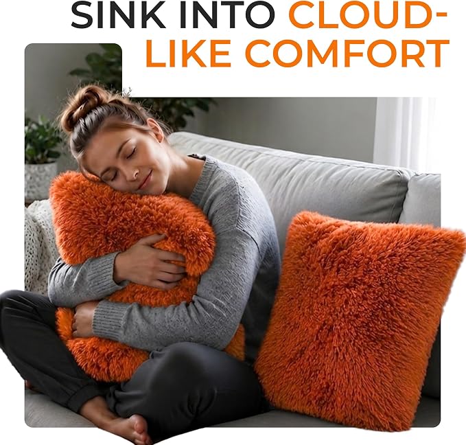 Cheer Collection Throw Pillows for Couch and Bed, Soft Shaggy Throw Pillows with Inserts Included, Cozy Long Hair Faux Fur Pillows - Set of 2-18" x 18" - Rust Orange