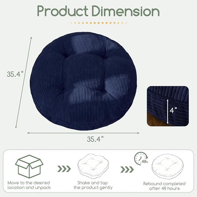 HIGOGOGO 35" Floor Pillow Cushion for Adults, Meditation Cushion Pillow, Extra Large Square Floor Sitting, Tufted Corduroy Cover for Tatami Living Room or Yoga, Navy