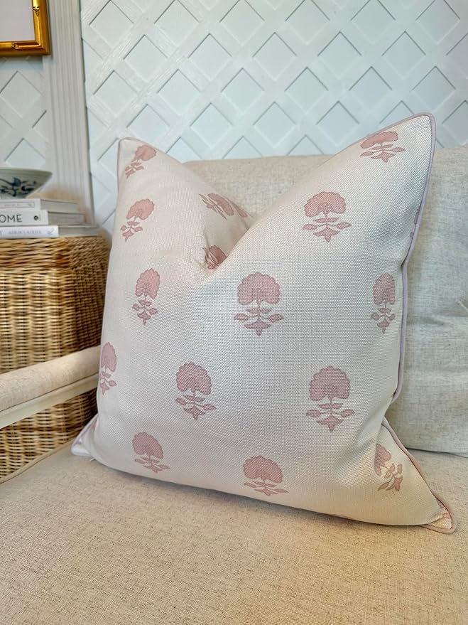 Jillien Harbor “The Lauderdale” Floral Block Print Pillow Cover – Blush Pink and Off-White Decorative Throw Pillow Cover – Grandmillennial Home Decor, 20" x 20"