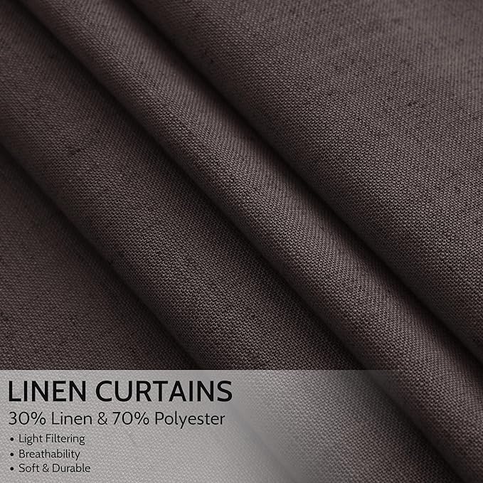 Cocoa Coffee Linen Curtains 90 Inch Long 2 Panels Set for Bedroom Living Room, Soft Linen Textured Window Drapes Semi Sheer Light Filtering Rod Pocket Back Tab Morden Style 52x90