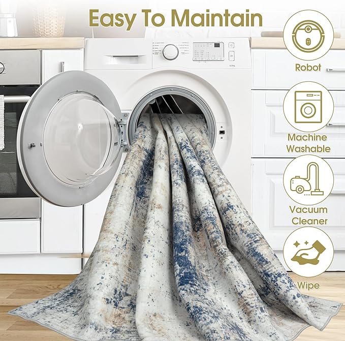 Area Rug Living Room Rugs: 5x7 Washable Rug with Anti-Slip Backing Non-Shedding Stain-Resistant Foldable Modern Abstract Carpet for Bedroom Dining Room Nursery Hallway Home Office Blue Brown
