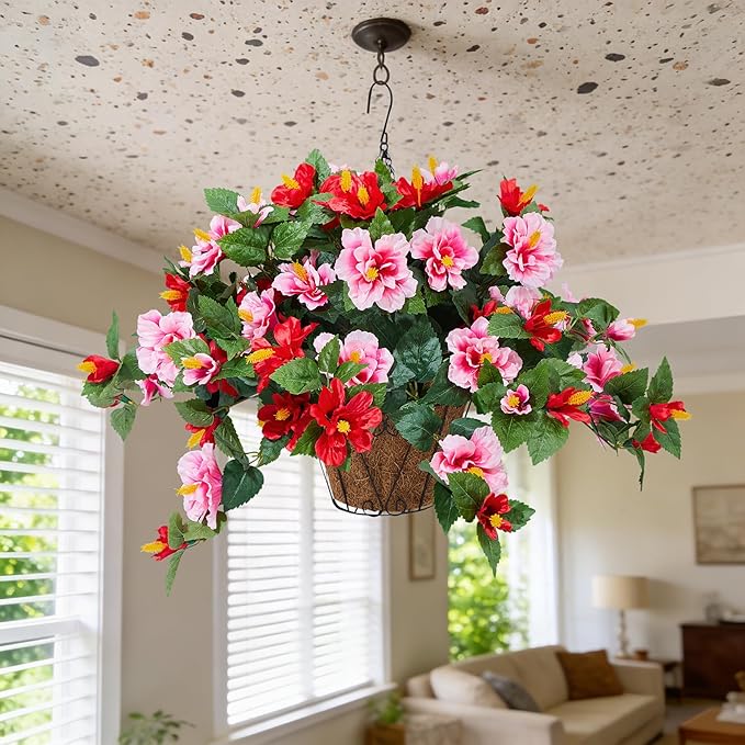 Inxugao Artificial Flowers for Outdoors Indoors,3 Bunches Fake Hibiscus with Hanging Basket Foam Realistic UV Resistant Silk Flower Leaves,Faux Plant for Outside Home Patio Garden Poch Decor(Red,Pink)