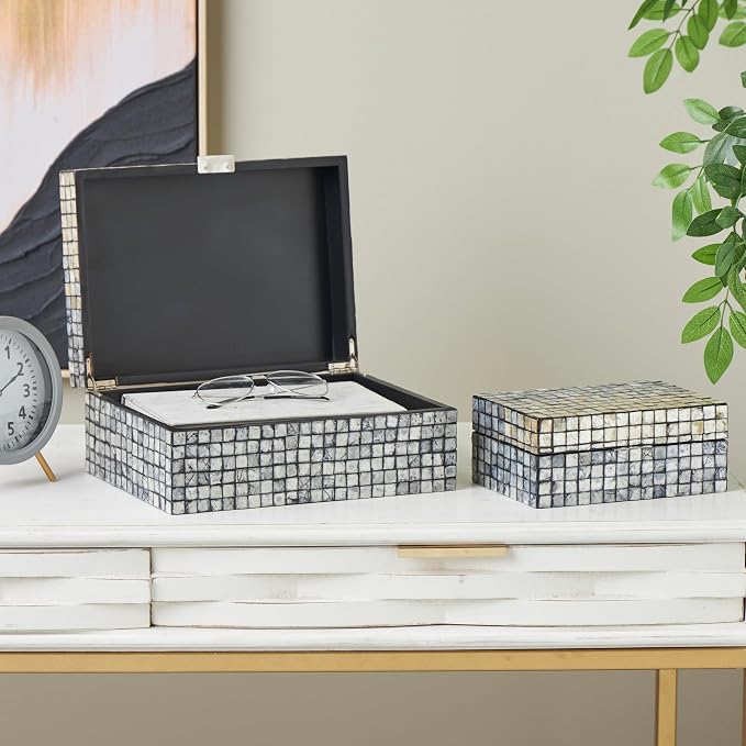 Deco 79 Mother of Pearl Shell Geometric Handmade Decorative Box Square Mosaic Storage Decorative Keepsake Box with Beige Accents, Set of 2 Storage Box 12", 8"W, Gray