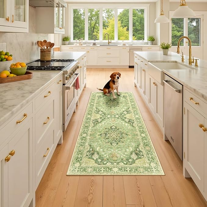 RELEANY Area Rugs 2'x6' Runner Rug Non Slip Washable for Kitchen Hallway Bedroom Beside Laundry Room Bathroom Rug, Floor Carpet, Sage Green Yellow