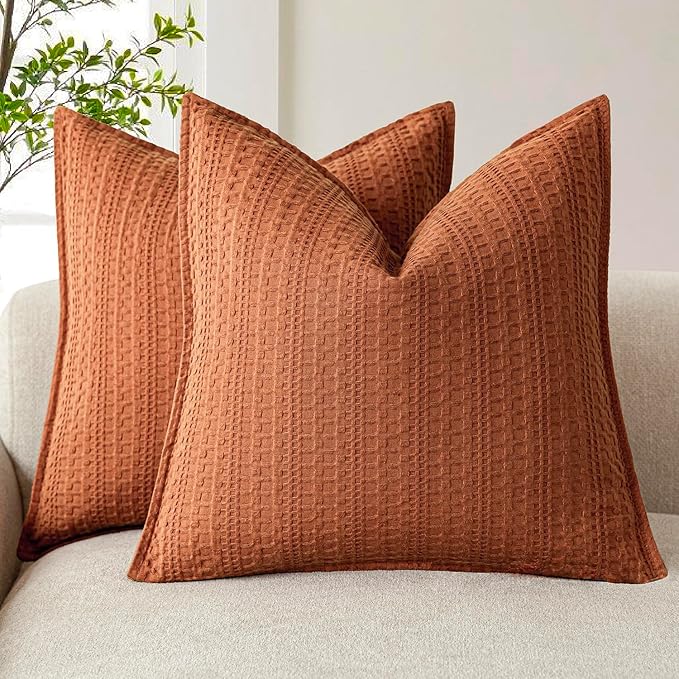 Foindtower Set of 2 Decorative Cotton Waffle Weave Throw Pillow Covers Euro Shams Cushion Covers Accent European Pillowcase for Bed Couch Sofa Bedroom Living Room Home Decor 22×22 Inch Burnt Orange