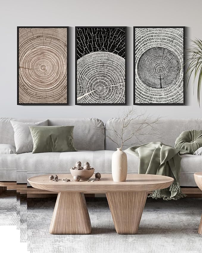 PHOPAGO Vintage Wood Tree Rings Wall Art Large 16x24in Farmhouse Rustic Framed Canvas Paintings Living Room Bedroom Decor Nature Artwork Black Framed