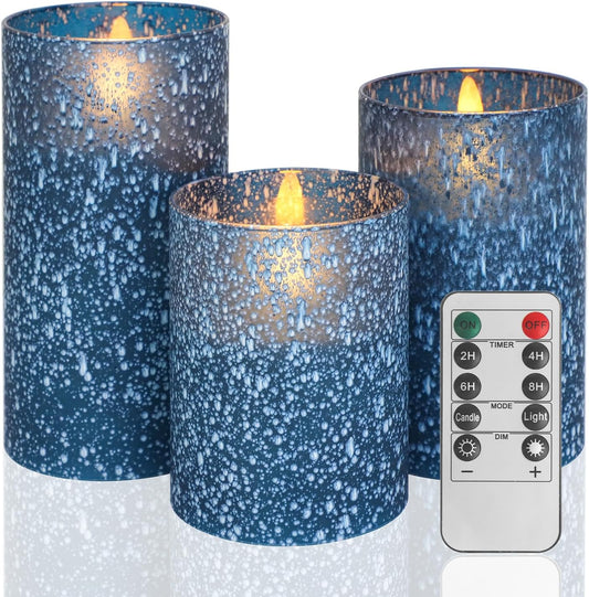 Flameless Candles with Remote - Battery Operated Candles with Timer, Flickering Real Wax LED Pillar Christmas Candles for Wedding, Table, Home Decorations (Blue, Set of 3)