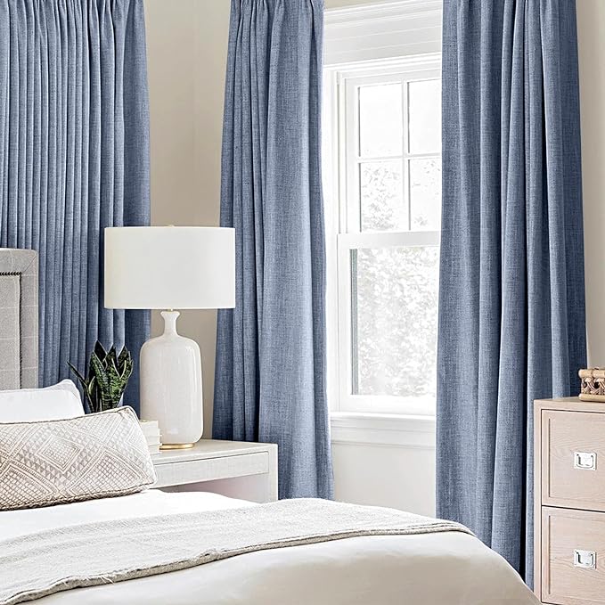 MIULEE Linen Texture Curtains for Bedroom Solid 100% Blackout Thermal Insulated Stone Blue Curtains Grommet Room Darkening Drapes Luxury Decor for Living Room Nursery 52x90 Inch (2 Panels)