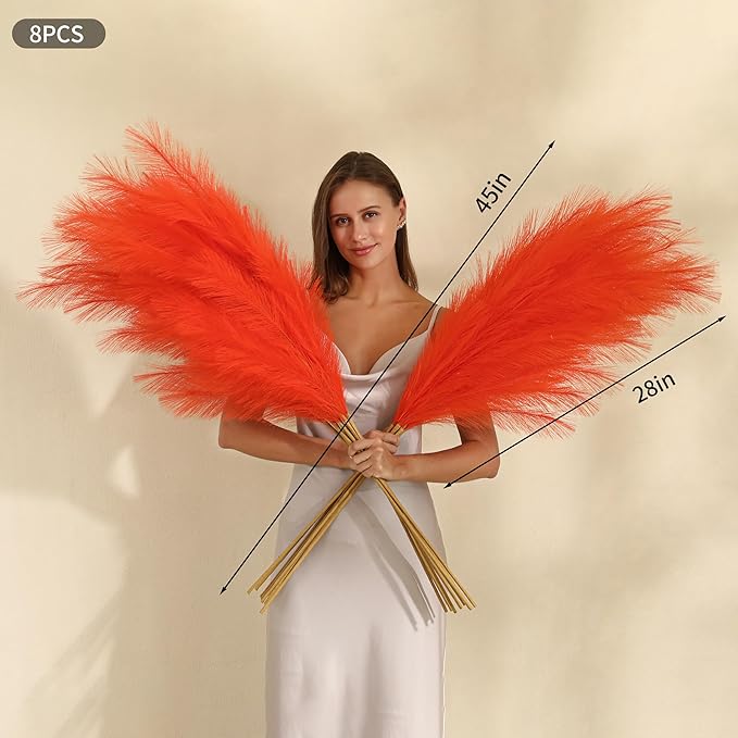Wertuirk Orange Pampas Grass Decor- 45-Inch Set of 8 | Tall Faux Pampas Grass Soft and Fluffy | Large Artificial Pompas Floral | Perfect for Living Room, Office and Wedding Party Centerpieces