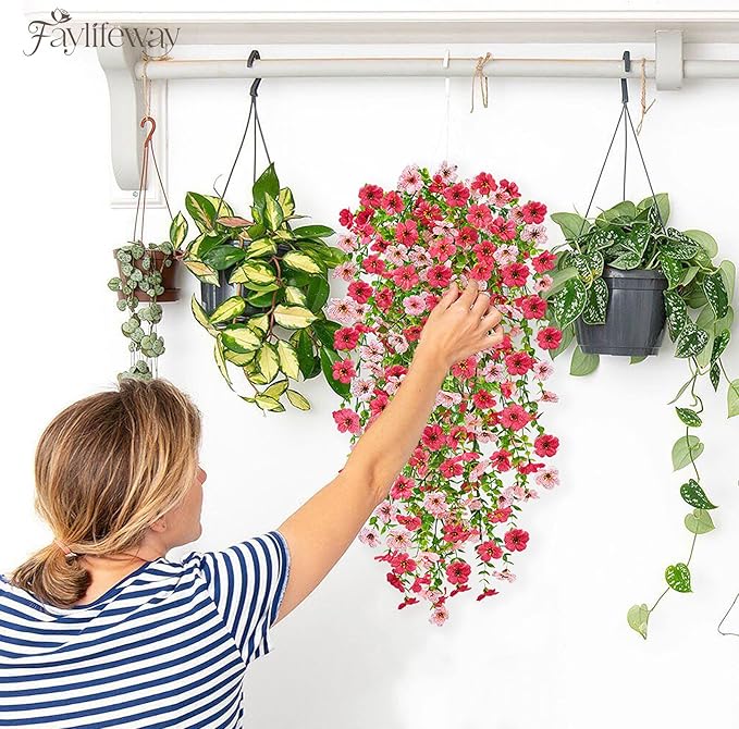 Artificial Hanging Flowers for Outdoors Spring Summer Decoration, 8PCS UV Resistant Silk Fake Hanging Plants for Patio Porch Front Yard Window Garden Indoor Decor(Hot Pink&Light Pink,8PCS)