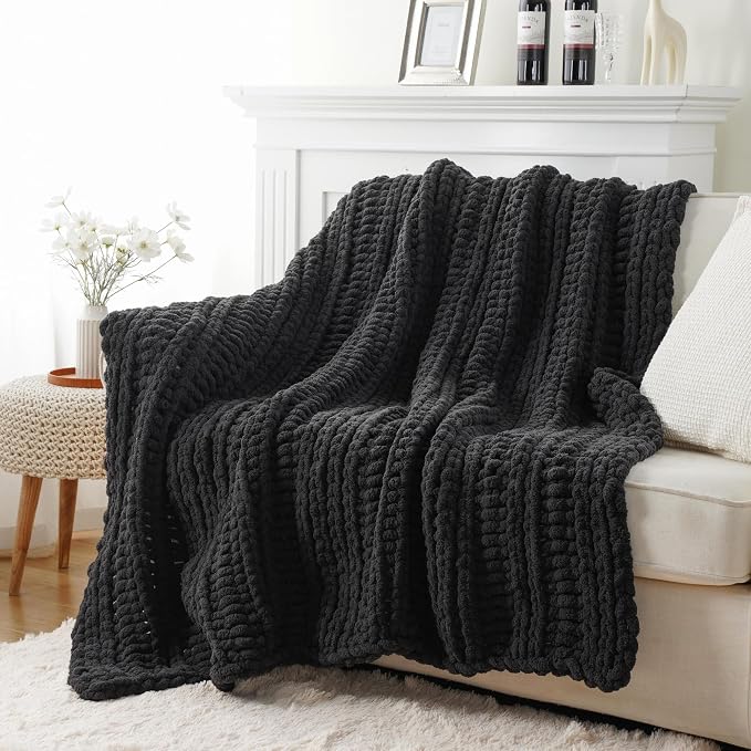 Battilo Chunky Knit Throw Blanket for Couch, 50"x60", Charcoal | Hand Knit, Dark Grey Throw Blanket, Cozy Warm Thick Soft Chenille Throw Blanket for Bed, Sofa, Living Room