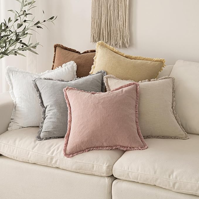 MIULEE Decorative Throw Pillow Covers Neutral Linen Fringe Throw Pillows Set of 2 White Boho Farmhouse Cushion Covers with Tassels for Couch Sofa Bed Living Room Home Spring Decor 18x18 Inch