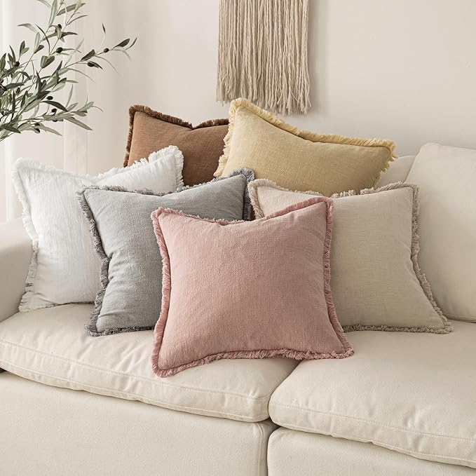 MIULEE Decorative Lumbar Throw Pillow Covers Neutral Linen Fringe Throw Pillows Set of 2 White Boho Farmhouse Cushion Covers with Tassels for Couch Sofa Bed Living Room Spring Decor 12x20 Inch