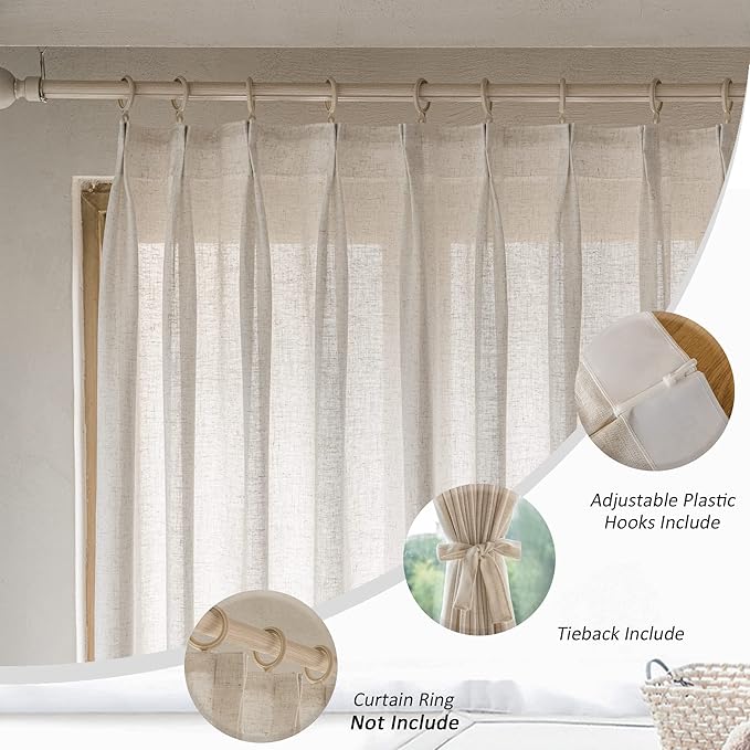 MAIHER 120 Inches Long Semi Sheer Curtains Pinch Pleat Curtains Light Filtering Natural Linen Curtain Panel for Patio Door Living Room Bedroom, Easy Hanging Via Hooks (Linen, 1 Panel, 54" W x 120" L)