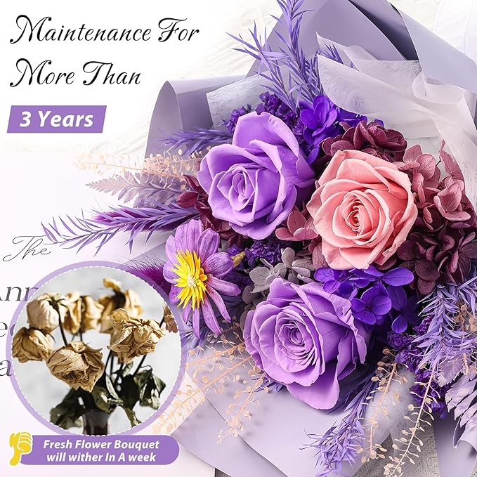Flowers for Delivery Prime, Mothers Day Gifts for Mom, Preserved Flower Bouquet, Purple Roses Birthday Gifts for Women Her Wife Girlfriend Grandma, Real Forever Flower for Valentines Day Anniversary
