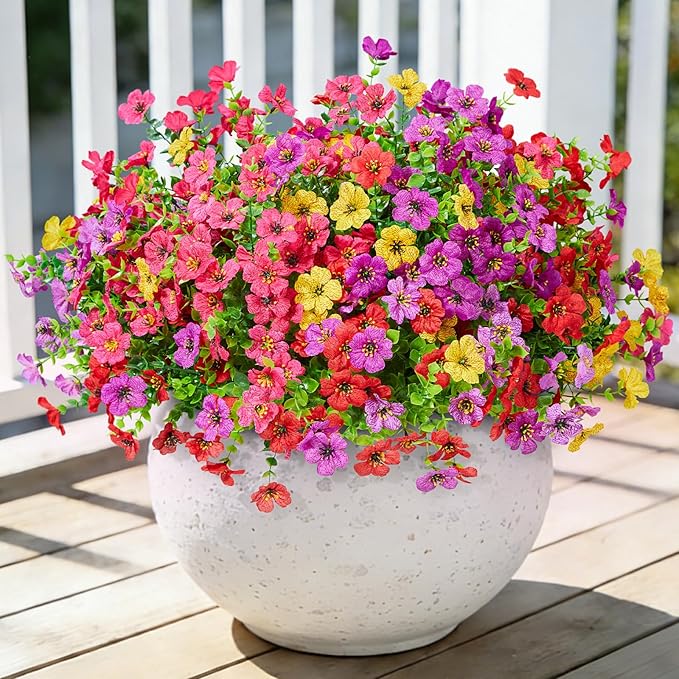Hrobek Fake Flowers for Outdoors Faux Plants Outside Indoor,UV Resistant Realistic Silk Artificial Daisy for Home Patio Garden Back Yard Front Porch Decor Spring Summer(12 Bunches,4 Multi Colors)