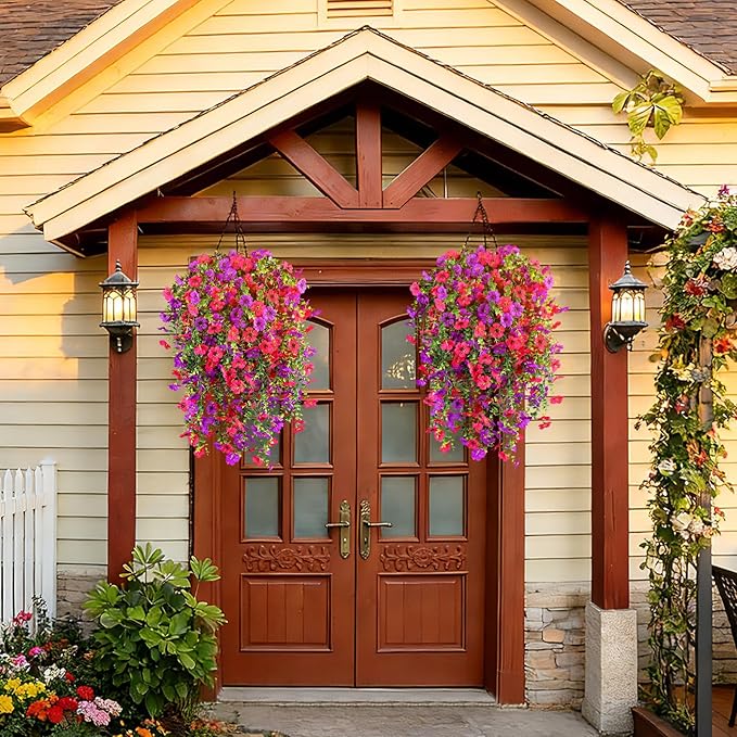 Artificial Flowers for Outdoors Spring Decor, 6 Bundles UV Resistant Realistic Faux Silk Hanging Flowers, Fake Plants for Planter Indoor Outside Garden Porch Patio Balcony Yard(Fuchsia Purple)