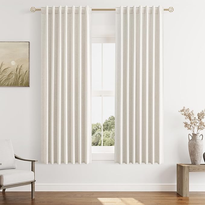 Beige White 100% Blackout Linen Curtains 63 Inch Length 2 Panels Set for Living Room Bedroom Back Tab Thermal Insulated Black Out Drapes Room Darkening Farmhouse Style for Bedroom Window Curtains