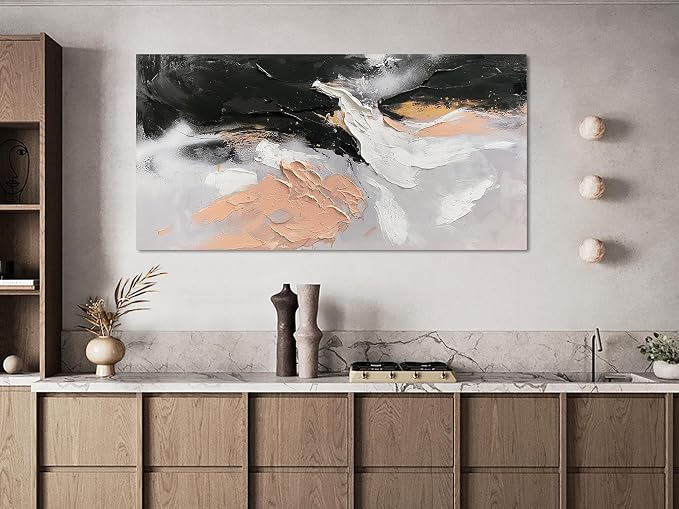 Ardemy Textured Abstract Canvas Wall Art - Black White Gold Beige Brush Strokes Painting Large 48"x24", Modern Splatter Artwork for Living Room Bedroom Home Office Luxury Wall Decor