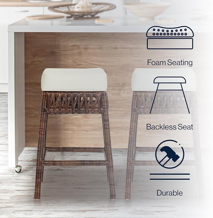 JONATHAN Y Bali 25.6" Woven Rattan Backless Counter Stool with Cushion, Bohemian Dark Brown Stool with Footrest for Kitchen Island, Home Bar, and Dining Room CSL1100A