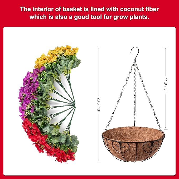 Artificial Fake Hanging Plants Flowers Basket for Spring Outdoor Decoration, Faux Silk Daisy UV Resistant Look Real with Eucalyptus Leaves Summer Decor for Home Patio Garden Outside(Red Purple Yellow)