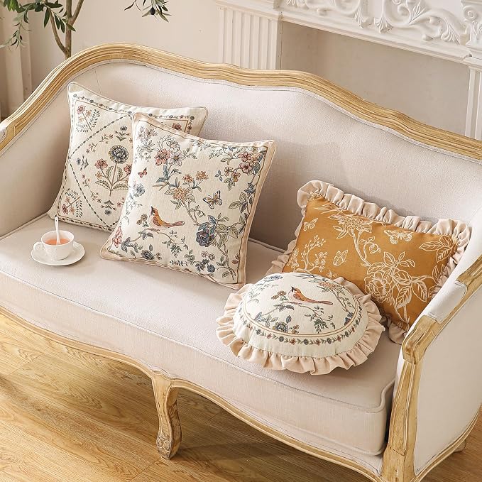 ISAENNE Designer Linen Throw Pillow Cover,Set of 2,18"x18"-Cornucopia A | Elegant French Square Pillow Cover,Concealed Zipper,Floral and Bird Pattern,Sofas,Bedroom,Living Room,Lounge Chairs