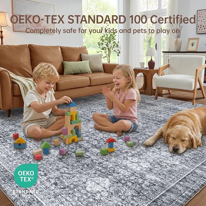 Sasttie 9x12 Area Rug, Ultra-Soft Washable Rug, Low Pile Foldable Thin Carpets with Non-Slip Backing, Skin-Friendly Stain Resistant Carpet for Living Room, Bedroom, Kitchen, Dorm, 9x12, Black Grey