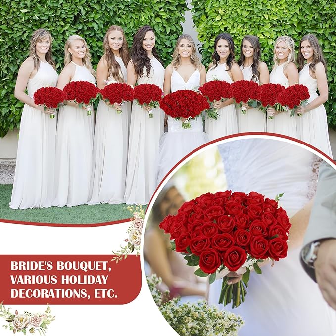 Rowfad 120 Pcs Artificial Roses Bulk Velvet Silk White Roses White Roses for Wedding Centerpieces Bridal Bouquet Mohter's Day Valentine's Day Home Decor (120, Red)