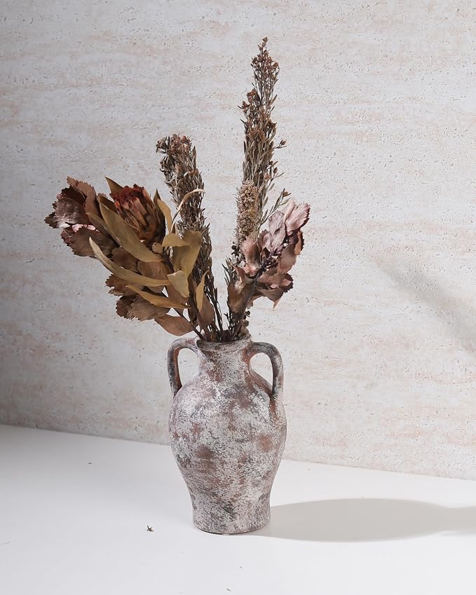 Ceramic Vase Set of 3 with Handles, Aged Terracotta Finish | Handmade Ceramic Vases with Glazed Interiors and Aged Terracotta Texture for Tables, Shelves, Mantels and Flowers