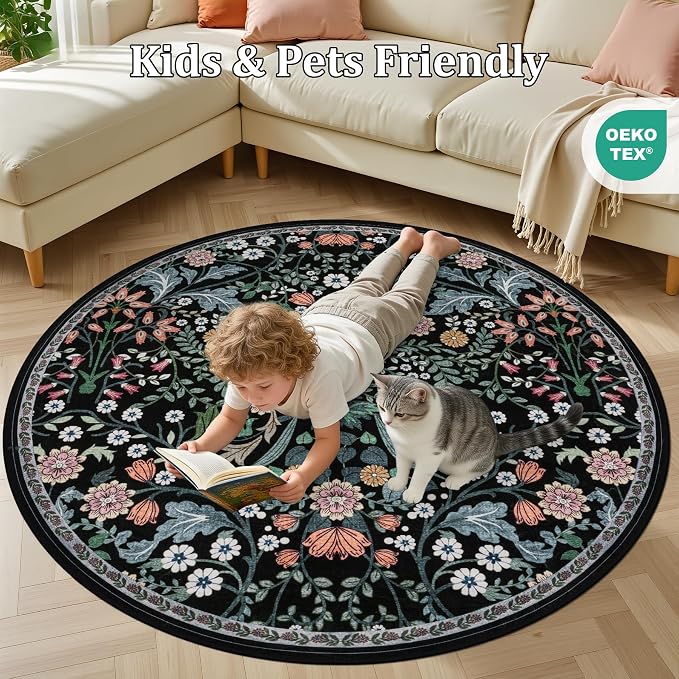 Round Area Rug for Living Room: 4 ft Floral Washable Circle Rug Soft Boho Non-Slip Carpet Indoor Stain Resistant Low Pile Small Circular Rug for Bedroom Entryway Kitchen Nursery Home Office Dark Black