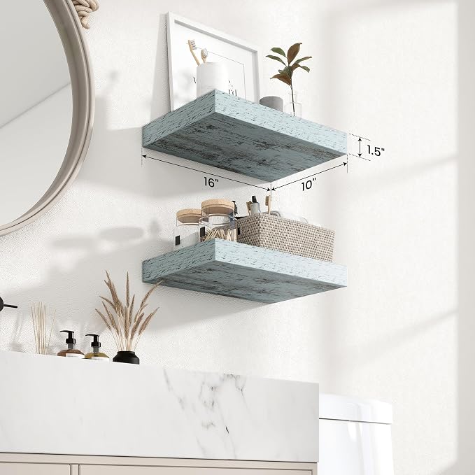 Axeman 16Inch Floating Shelves for Wall, 2 Pack Shelves for Bedroom, Bathroom, Kitchen, Hanging Wall Mounted Rustic Wood Shelf with Invisible Brackets for Books Decor, Rustic Blue