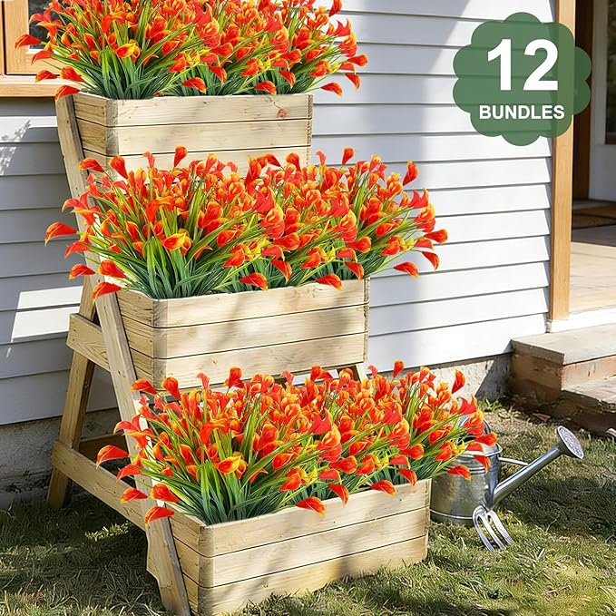 TURNMEON 12 Bundles Calla Lily (240 Heads) Artificial Flowers for Outdoors, Fake Plants UV Resistant Faux Plastic Fake Flowers for Indoor Home Porch Yards Spring Summer Cemetery Decor(Orange Red)