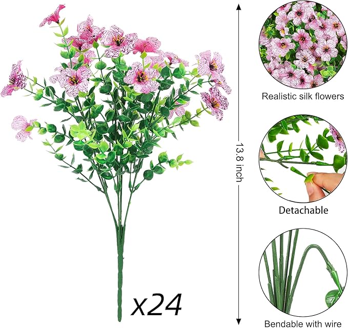 Ouddy Decor 24 Bundles Artificial Flowers for Outdoors Fake Silk Flowers UV Resistant Faux Plastic Plants for Spring Summer Garden Porch Window Box Table Vase Home Indoor Outdoor Decoration, Pink
