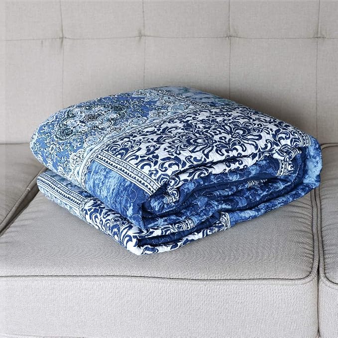NEWLAKE Quilted Throw Blanket for Bed Couch Sofa, Blue Classic Bohemian, 60X78 Inch