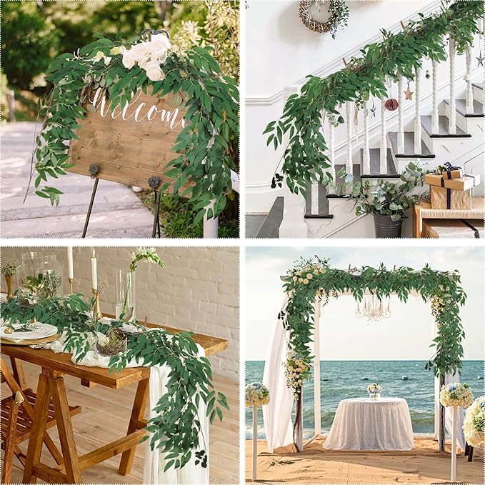 RECUTMS 4Pcs Artificial Willow Leaves Vine Twigs 5.7Ft Silk Willows Leaf Ivy Garland Faux Greenery Ivy Plant Decor for Indoor Outdoor Wedding Jungle Beach Birthday Party Garden Table Spring Summer
