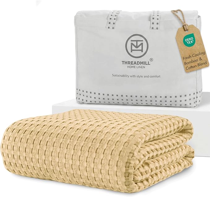 Threadmill Cooling Blanket Twin Size Waffle Weave| Breathable, Lightweight & Ultra-Soft | Made from Rayon Derived from Bamboo | Waffle Throw for Couch and Sofa | 68 x 92 Inches | Beige