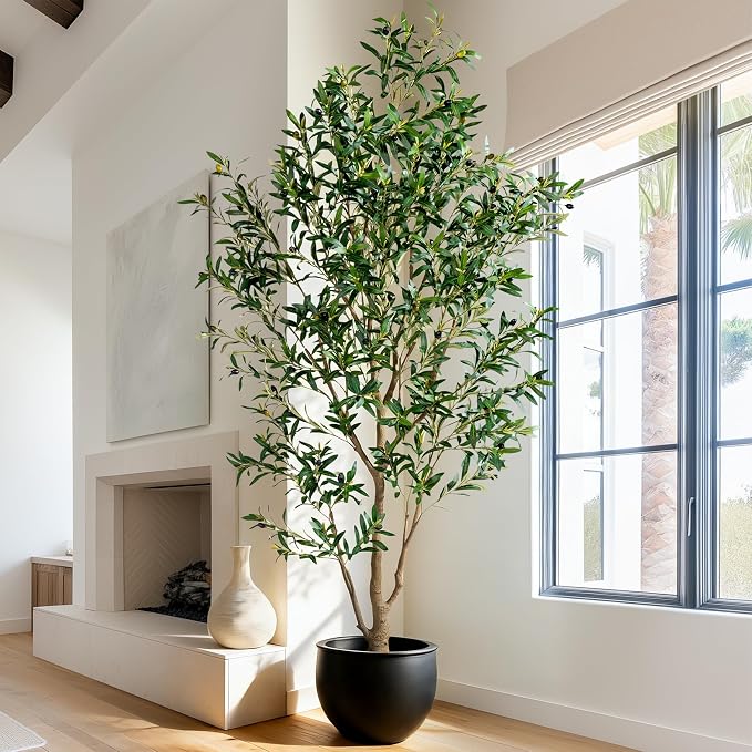 7FT Artificial Olive Tree with Realistic Leaves & Natural Trunk, Faux Silk Olive Plant in White Planter, Tall Fake Tree for Modern Home Office Living Room Entryway Corner Decor, Maintenance Free