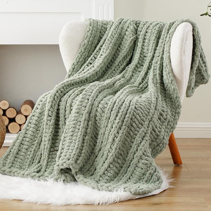 Battilo Chunky Knit Throw Blanket for Couch, 50"x60", Sage Green | Hand Knit, Gift Blanket, Cozy Warm Thick Soft Chenille Throw Blanket for Bed, Sofa, Chair, Living Room
