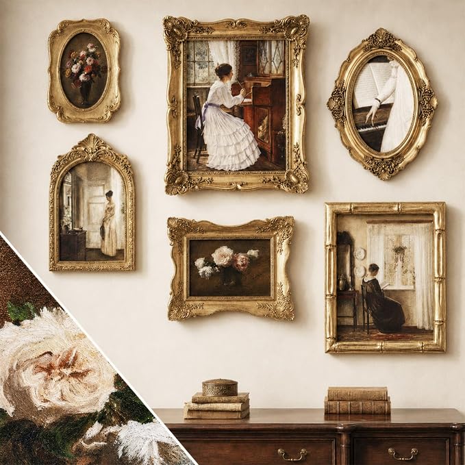 Lineshading 6 Pcs Vintage Gallery Wall Decor, Framed Canvas Wall Art Set with Antique Gold Ornate Resin Frames, French Country Cottage Botanical Floral & Portrait Prints for Living Room Farmhouse Home