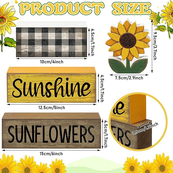 Yuntau 4 Pcs Sunflower Decorations Sunflower Wooden Sign Sunshine Table Centerpiece Summer Tiered Tray Decor Decorative Faux Book Stack Block for Coffee Table Fireplace Mantel Floating Shelf