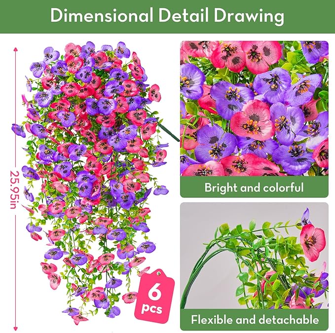 Serwalin Artificial Fake Hanging Flowers for Outdoors Planters,6PCS UV Resistant Faux Pansy Spring Flowers for Outside Porch Patio Garden Window Box (Rose Pink Purple)