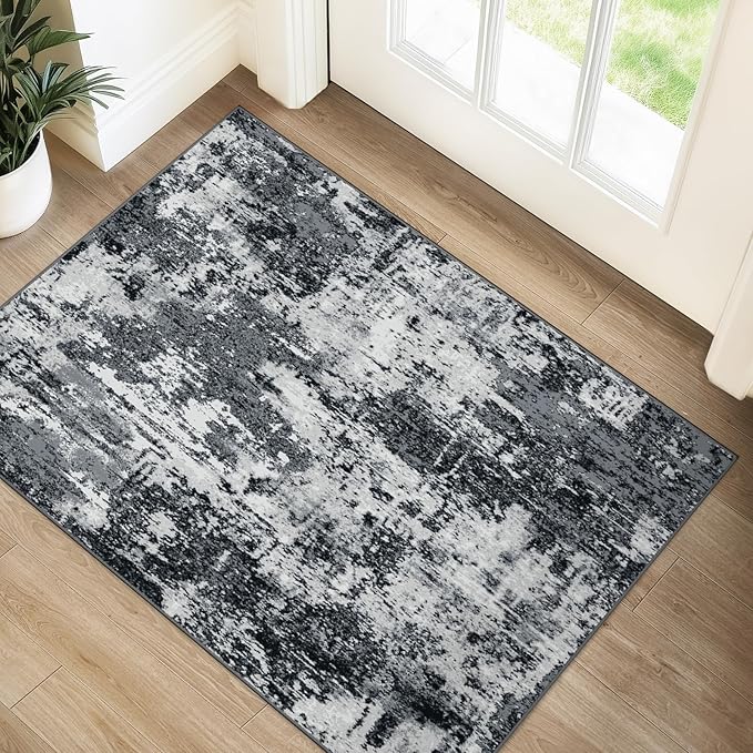 RELEANY Washable Area Rugs 2'x3' Non-Slip Modern Abstract Soft for Living Room Entryway Bedroom Nursery, Print Pattern, Black Navy Blue Gray