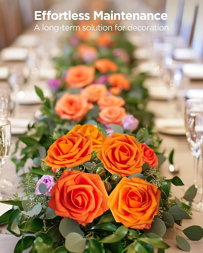 InnoGear Artificial Flowers, 50 Pcs Shades of Orange Foam Fake Roses Bulk with Stems for Autumn Fall Decoration DIY Wedding Bouquets Centerpieces Bridal Shower Party Christmas Tree