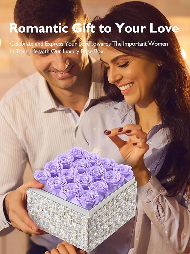 Eterfield Forever Flowers Preserved Roses Real Roses that Last Over a Year Rose Box Gifts for Her Mothers Day Valentines Day Christmas (Square Gold White Plaid Box, 16 Light Purple Roses)