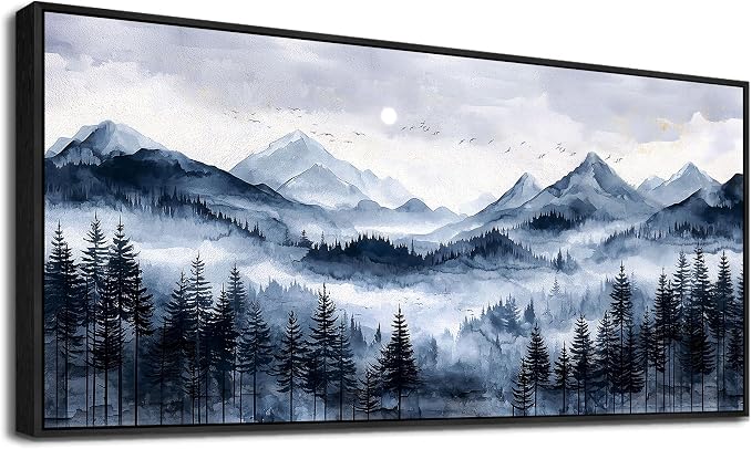ERQINHUA Canvas Wall Art For Bedroom Large Wall Decor For Living Room Office Mural Misty and Fog Forest Painting Mountain Landscape Picture Artworks Home Decor Black Framed Ready To Hang 32x72 In