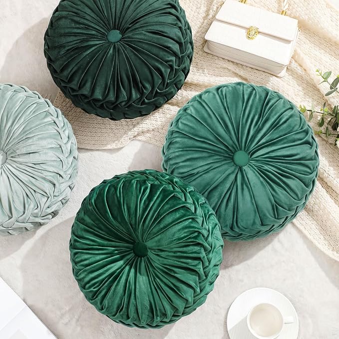 Drydiet 4 Pcs Round Throw Velvet Pillows Decorative Pleated Throw Pillows Diameter Accent Pumpkin Boho Chair Cushion for Couch Sofa Home Decoration (Sage Green,15'')